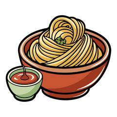 Delicious Cold Soba Noodles with Traditional Japanese Dipping Sauce, Fresh Garnishes, Healthy Summer Meal Illustration Vector Design for Culinary Art