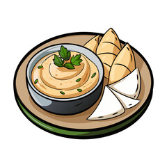 Delicious Mediterranean Hummus Platter with Fresh Pita Bread, Olive Garnish, Healthy Snack, Vegan Appetizer, Authentic Middle Eastern Cuisine Vector Art