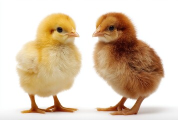 Fototapeta premium Two fluffy baby chicks facing each other on a plain white background