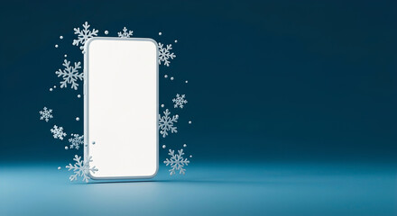 Snowflakes surround a blank smartphone screen against a teal background with copy space