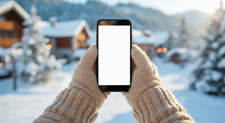 Hands holding a smartphone with blank screen in the snow-covered mountains, winter holiday booking concept