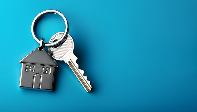 a silver key to a house attached to a keychain is shown against a blue background empty space for copying onto the keychain represents the idea of buying a new house and the real estate property