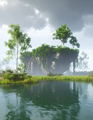 Floating island, mist and surreal landscape: Floating island surreal landscape appears ethereal and mysterious, reflected in tranquil water surface, creating dreamy, tranquil scene