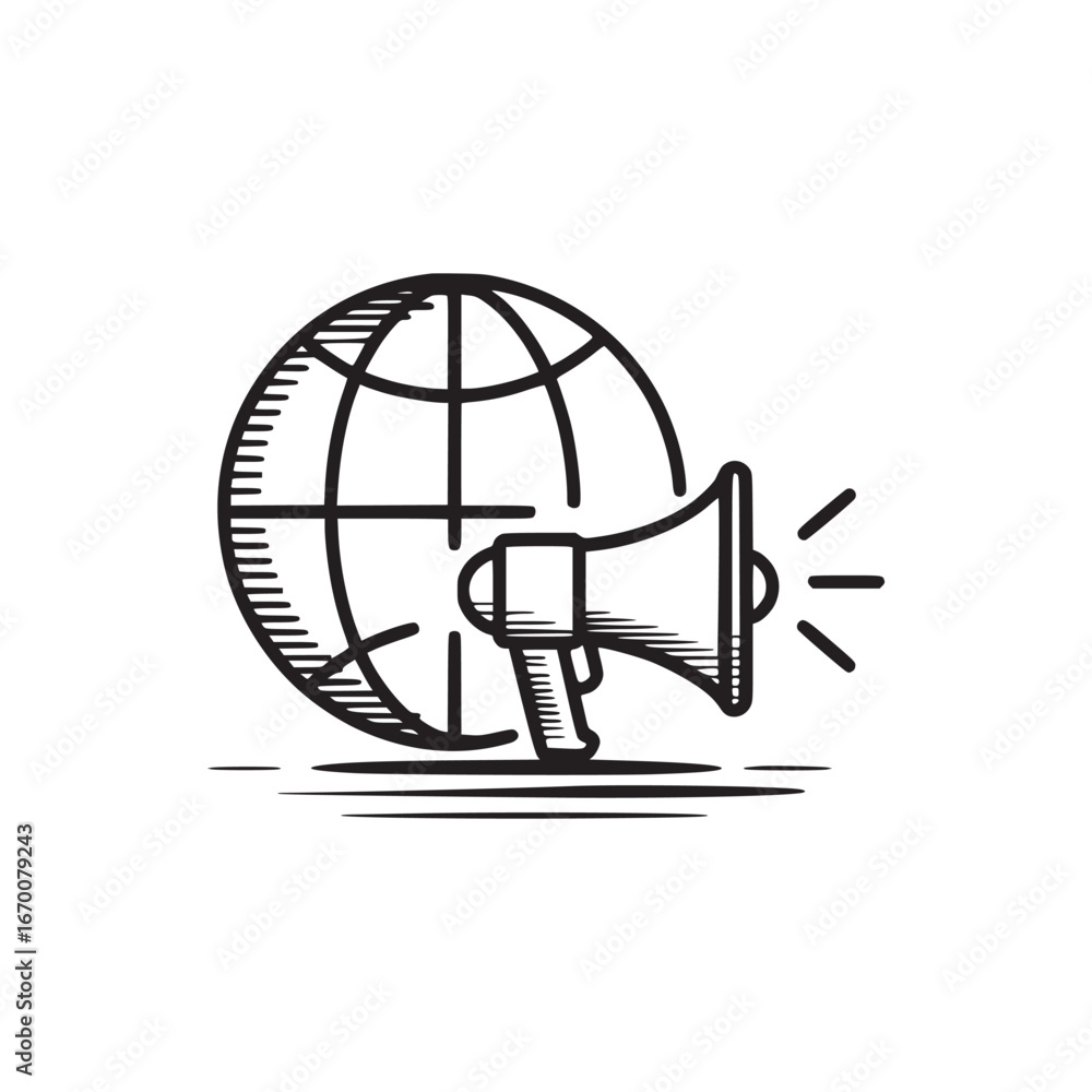 Poster a black and white line drawing of a globe with a megaphone in front of it on a white background