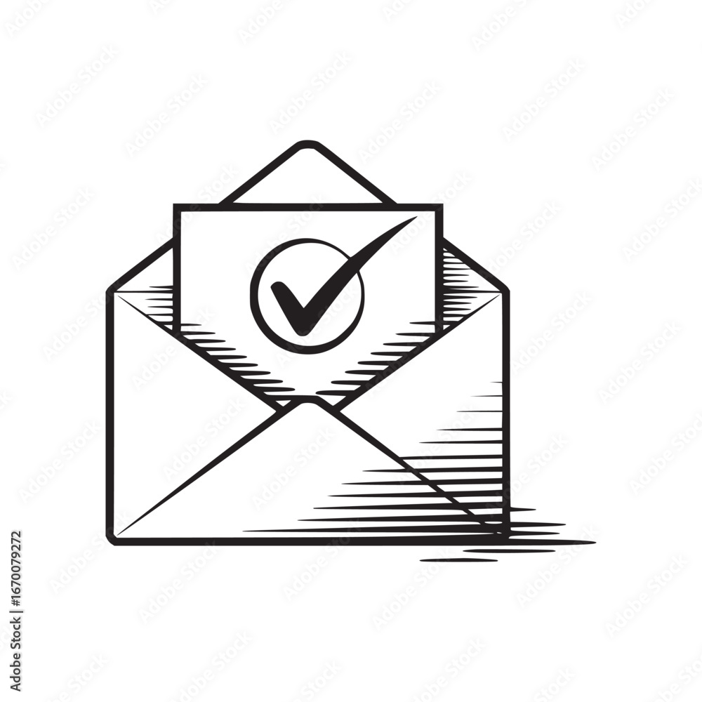 Aufkleber a black and white line drawing of an envelope with a check mark inside of a circle on a card inside 