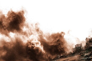 Brown dust cloud engulfs buildings on a hillside, suggesting a collapse or explosion against a bright background
