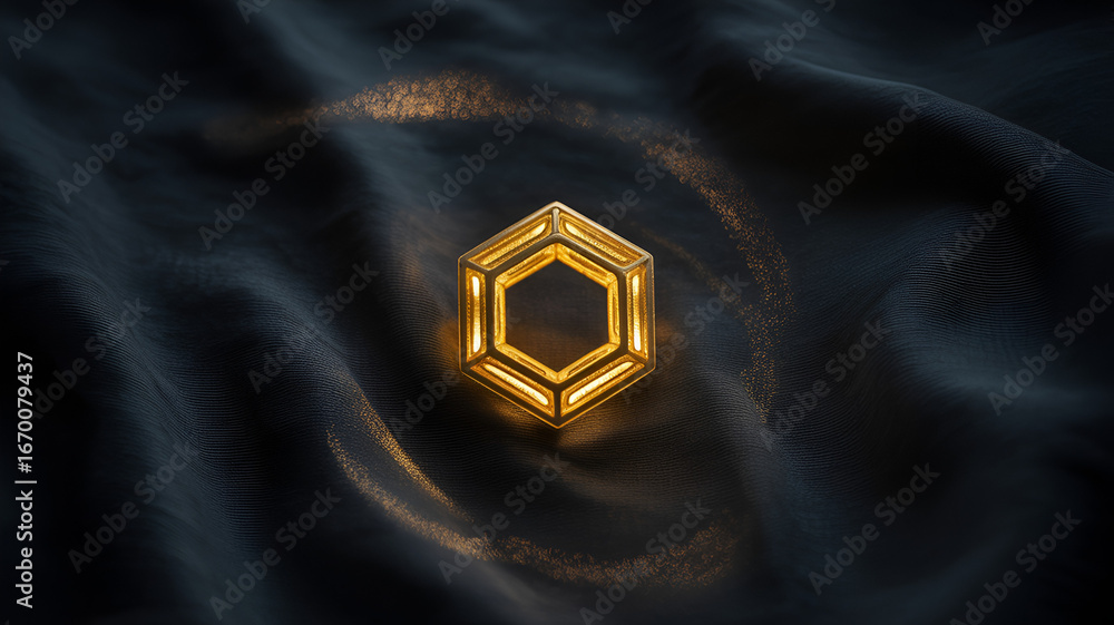 Poster golden hexagon on a dark wavy background with a circular light effect around it