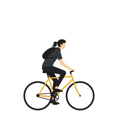 Obraz premium A modern flat design vector illustration of a person with a backpack riding a yellow bicycle, representing an active urban lifestyle and eco-friendly commuting