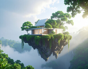Floating island, mist and surreal landscape: Surreal floating island home dreamily drifts through misty air, evoking feelings of serenity and wonder, in this calm editorial shot