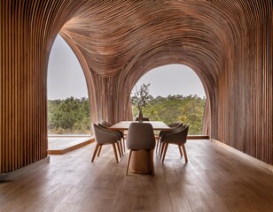 minimalist interior design of modern dining room with abstract wood paneling arched wall