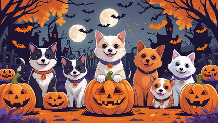 Cute halloween dogs in costumes with pumpkins and spooky forest scene full moon night