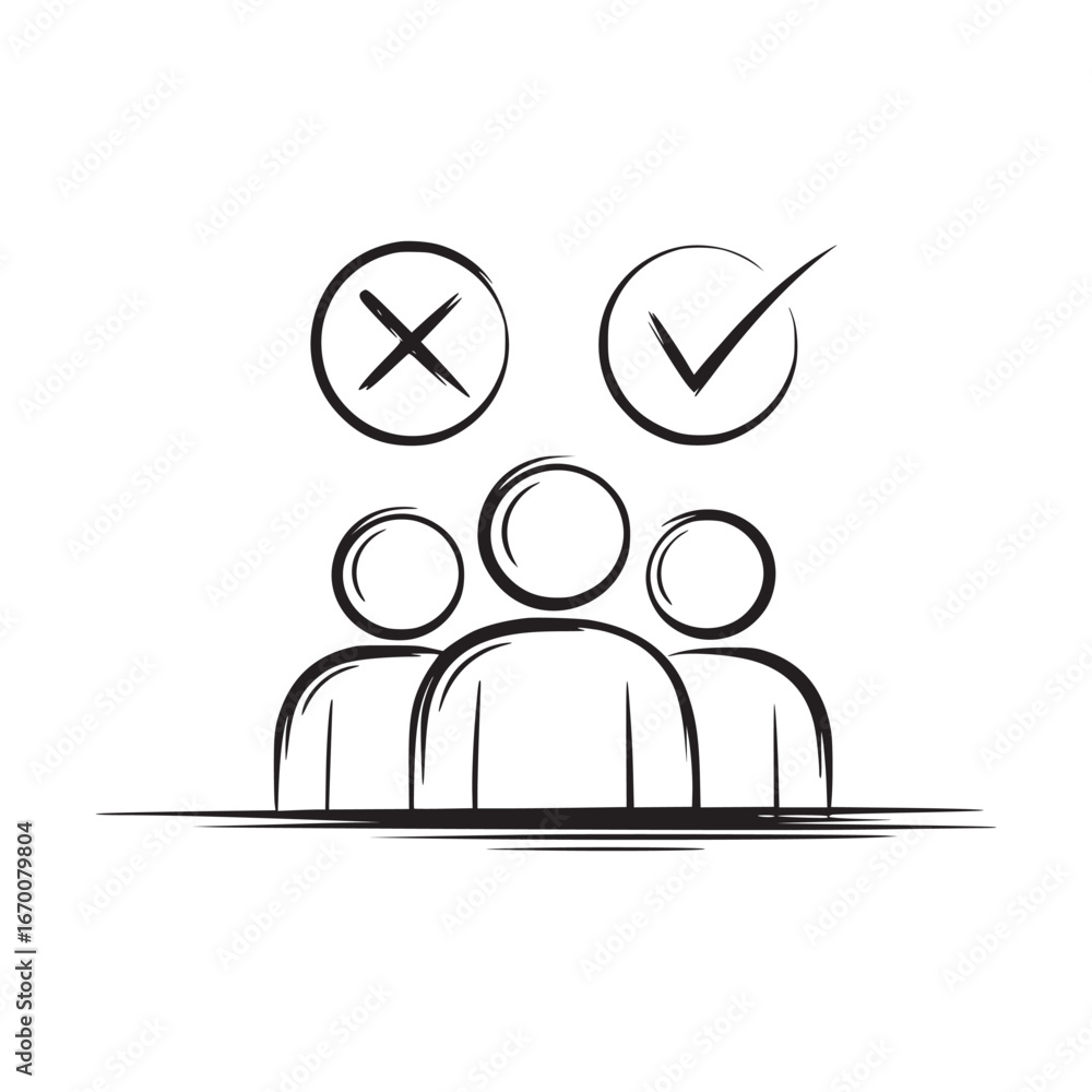 Poster a sketch of three people with a check mark and an x above them on a white background illustration