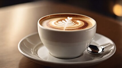 Close-up of latte art with creamy foam in ceramic cup, top-down view, modern caf&eacute; style.