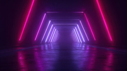 Futuristic neon tunnel with purple and pink lights reflecting on wet floor