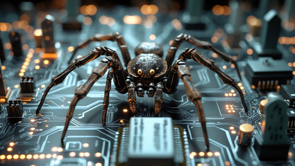 Giant mechanical spider lurking in a dark futuristic cityscape with glowing lights