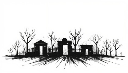 Ink sketch of a Holocaust museum wall with trees in silhouette  
