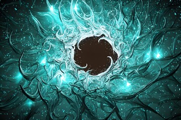 Cyan light fractals expanding outward, surreal radiance, central black void ready for branding