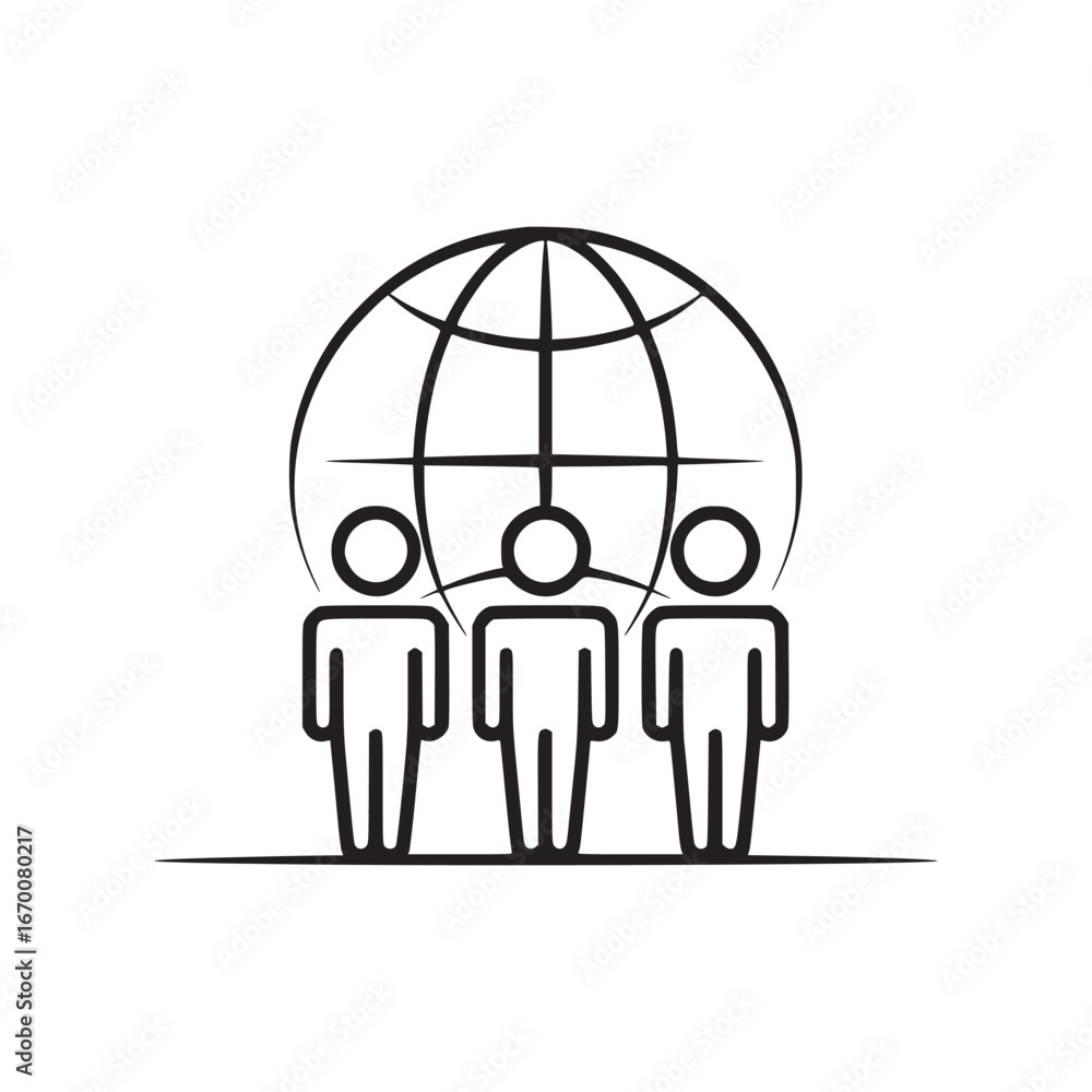 Aufkleber a simple line drawing of three people standing in front of a globe outline on a white background