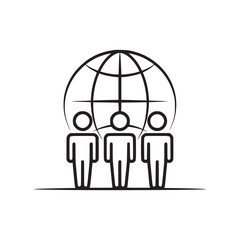 A simple line drawing of three people standing in front of a globe outline on a white background