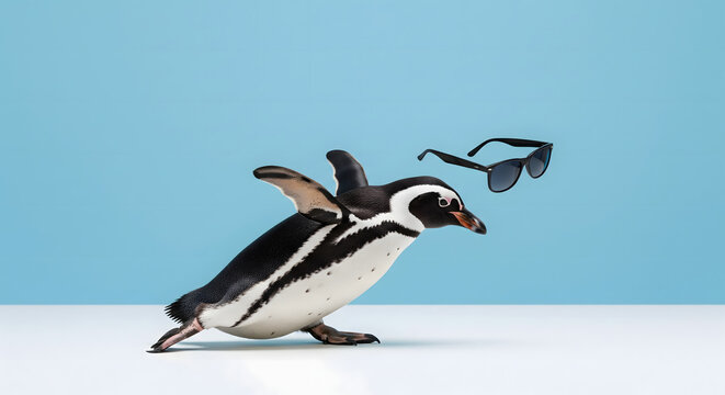 Humorous Penguin Tripping with Sunglasses Flying Off on Light Blue Background
