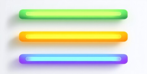 Fototapeta premium Three vibrant neon-colored rounded bars stacked horizontally on a bright white surface, casting soft shadows