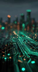 Futuristic cityscape circuit board.  Emerald green circuit paths crisscross a dark surface, glowing with vibrant turquoise and amber lights.  Blurred city lights in the background