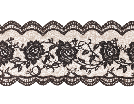  Ornamental Black Lace Border with Floral Design, Horizontal Strip, Isolated