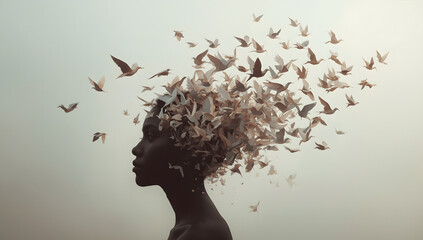 Surreal silhouette of woman with birds flying from her head