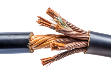 Black Electrical Power Cord with Exposed Broken Wires, Isolated on White or Transparent Background, PNG, AI Generated