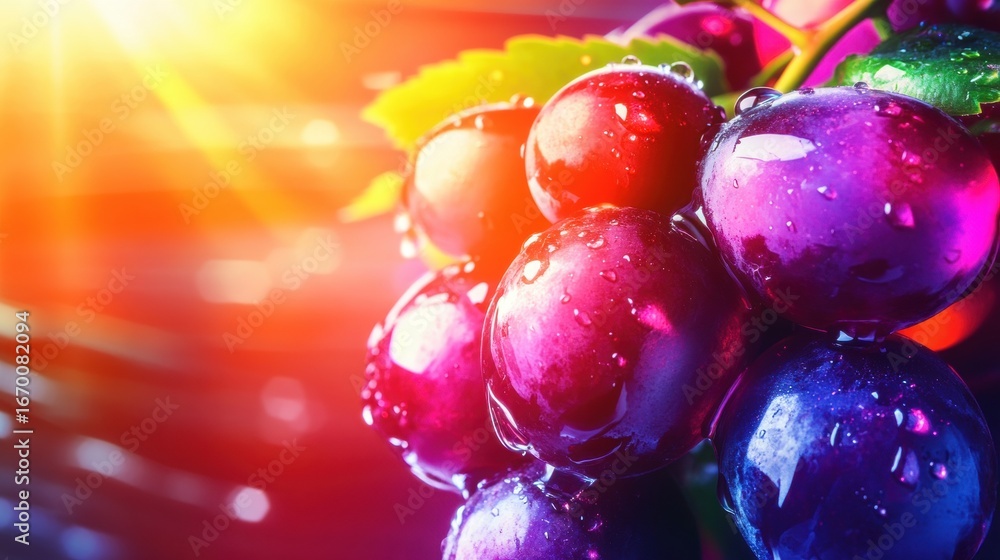 Poster grapes glistening in sunlight with colorful bokeh effect in the background