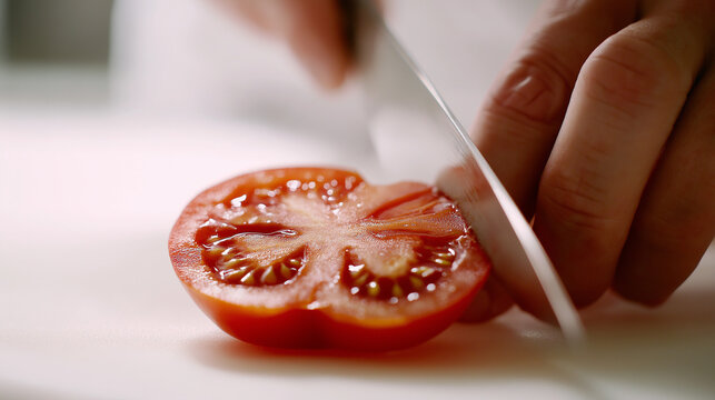 A cinematic shot focusing on a chef's hand as they slice a juicy beefsteak tomato, with the vibrant red and intricate seed patterns in sharp focus, against a minimalist, bright white backdrop, full HD