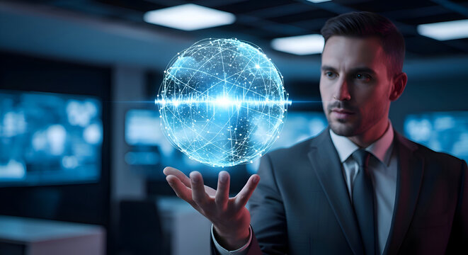 Businessman Holds a Futuristic Global Network in Hand