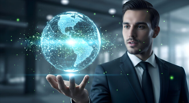Businessman Holding Global Network Technology in Hand