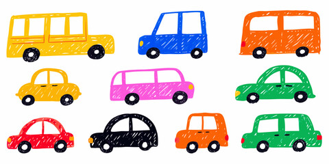 Assortment of Nine Colorful Hand Drawn Cartoon Cars on White Background automobile