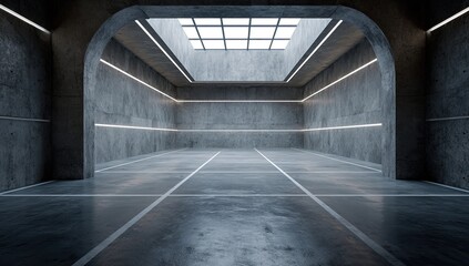 Empty, modern concrete garage with arched entryway and skylight