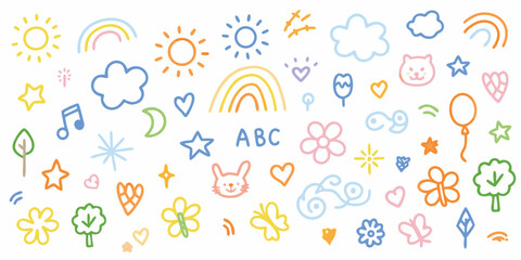 Colorful Hand Drawn Doodles of Nature Animals and Symbols for Kids sketch drawing