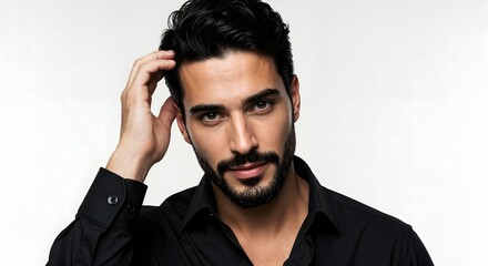 Fototapeta premium Studio portrait of a confident man with jet black full hair, styled with natural volume, running hand through hair. Waist-up, relaxed posture on pure white background, high-resolution.