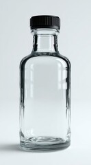 Clear glass bottle with black screw cap on plain white background, empty container for liquids