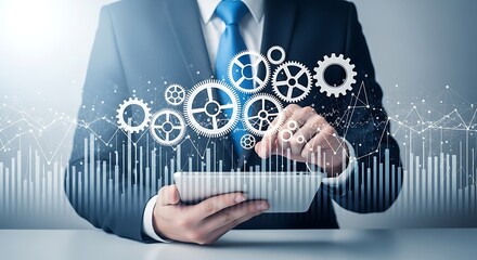 A businessman interacts with a digital tablet displaying interconnected gears and data visualizations, suggesting a concept of business process optimization and technological advancement.