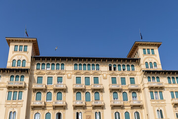 Architecture of the ancient city of Viareggio, Italy. House facades