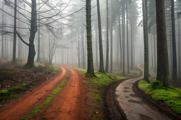 Diverging Paths in a Foggy Forest - Choice, Decision Making, Future Directions, Nature's Mystery & Tranquility generative ai