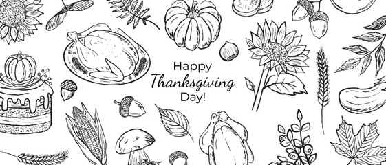 Happy Thanksgiving day celebration banner with roasted turkey, leaf, mushroom, pumpkin pie in black brush stroke texture on white. Hand drawn vector sketch illustration in vintage charcoal ink