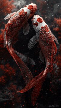 Two red koi fish swimming together, elegant aquatic illustration
