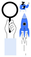 Hand holding magnifying glass, person analyzing on tablet, blue rocket taking off. Ideal for research, growth, discovery, innovation, vision analysis development. Simple flat metaphor