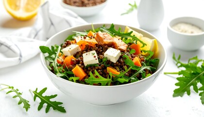 Healthy lentil salad with vegetables and protein