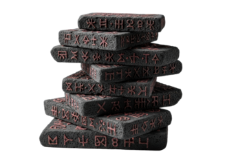 Haphazardly stacked ancient basalt tablets with deeply carved cryptic symbols and faint crimson pigment, casting dramatic shadows on transparent background, macro shot. Concept of forgotten lore and