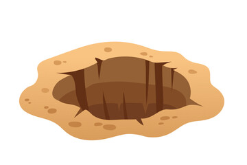 Deep earth pit with cracked brown surface. Underground cavity with rocky walls and weathered edges. Natural ground hole for adventure games and outdoor environments. Vector illustration on white.