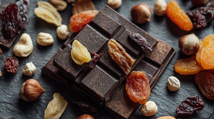 A wholesome snack flat lay of dried fruit, hazelnuts, and dark chocolate squares