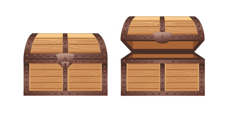 Wooden treasure chests with metal reinforcements. Locked and opened pirate coffers with iron bands and rivets. Brown wooden boxes for adventure games and fantasy themes. Vector illustration on white