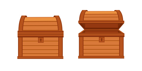Orange wooden treasure chests with keyhole locks. Traditional pirate coffers showing closed and opened states. Bright colored storage boxes for adventure gaming. Vector illustration on white